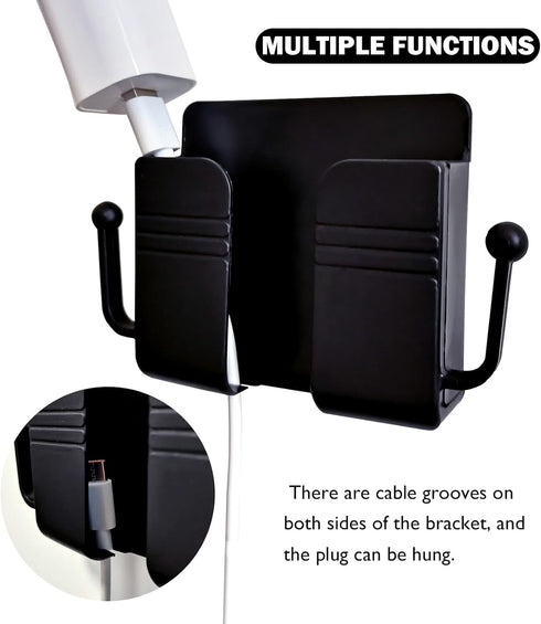 Self-Adhesive Phone Holder with Hooks, Charging Stand for Smartphones, Wall Bracket for Home Office RV, Black
