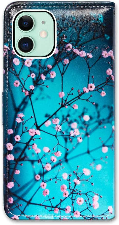 Case for iPhone 12 Mini - Plum Blossom Leather Flip Wallet Cover with Card Slot Holder Kickstand
