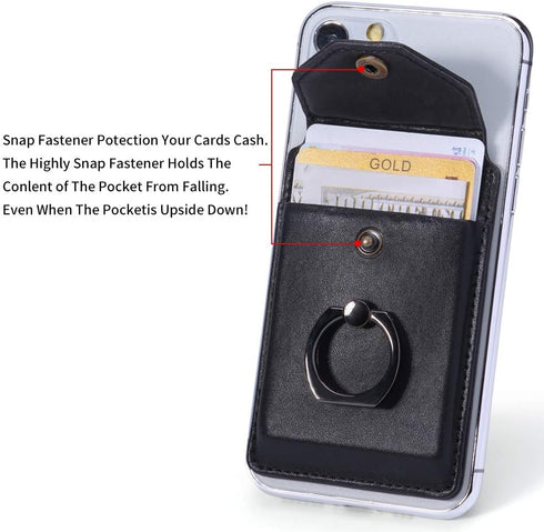 Ring Stand - Slim Leather Wallet Stick on Wallet for Cell Phone, Credit Card RFID Blocking Sleeve Black