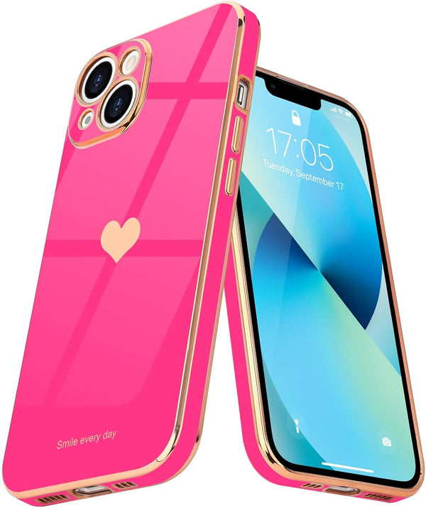 Teageo iPhone 13 Case for Women - Cute Love-Heart Bling Soft Silicone Cover, Shockproof, Hot Pink, Full Camera