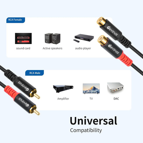 10ft/3m Devinal RCA Female to Male Extension Cable - Premium Audio Extender Cord for High Sound Quality & Durability