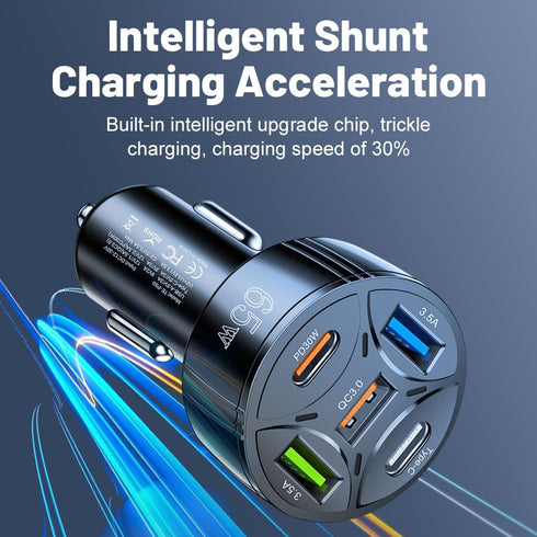 65W 5 Ports Car Charger USB Adapter, Type C PD30W & QC3.0 Fast Charging for iPhone/Android/Samsung/iPad Pro (Black)