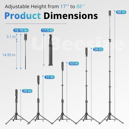 UBeesize 88’’ Flexible Phone Tripod with 14.95’’ Gooseneck, Remote and Phone Holder for iPhone Android, Black