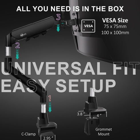 WALI 17-49 Inch 33 Lbs, 75/100mm (GSM001XLN), Heavy Duty Single Monitor Arm for Flat Curved Ultrawide Screens, up
