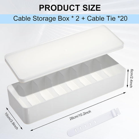Tatuo 2 Pcs Cable Organizer Box with Wire Ties, Plastic Cord Storage Box with Lid, Electronics Organizer for Home Office Desk Organizers and Accessories (White) by Tatuo