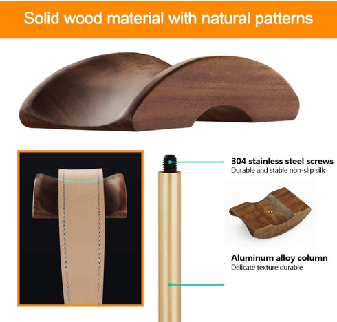 Headset Holder Stand Headphone Holder with Wood and Aluminum Desktop Headphone Stand Headset Stand for Desk with Solid Heavy Base Wood Headphones Stand for All Headphone Sizes (Gold)