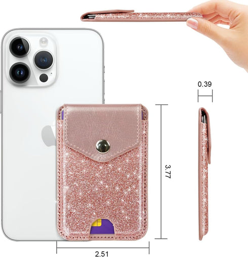 Self Adhesive Card Holders for Back of Phone, Cute Leather RFID Phone Wallet Pockets with Snap, Slim Card Holders Sleeve for Phone Case, Glitter Rose Gold
