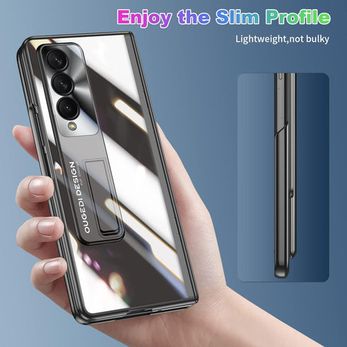 Galaxy Z Fold 4 Case with Hinge Protection and Kickstand - Transparent Clear Back with Built-in Screen Protector (Black)