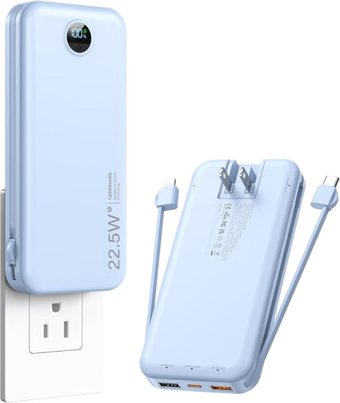 Portable Charger with Built-in Cables and AC Wall Plug, USB C 12000mAh Slim Power Bank Fast Charging for Smart Phones,