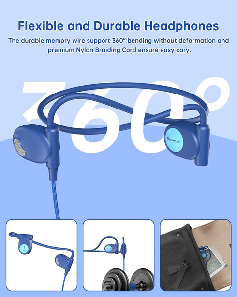 Kid Headphones for School, Air Conduction Open Ear Design, 3.5mm Wired Cord, Ultra-Comfort for School Activities-Blue