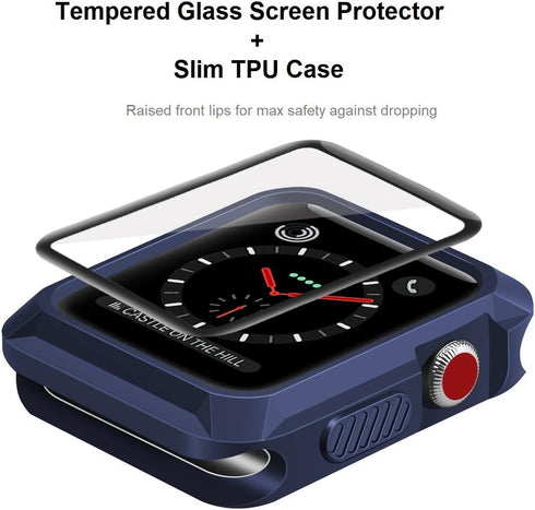 Wolait 42mm Compatible Apple Watch Case, Rugged Protective Case + Tempered Glass Screen Protector, Navy for Series 3,