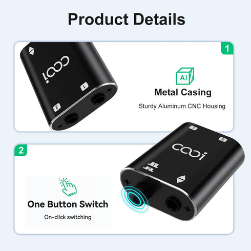 3.5mm Stereo Audio Switcher (1 in 2 Out / 2 in 1 Out) with 3.5mm Audio Cable, AUX Audio Speaker Selector