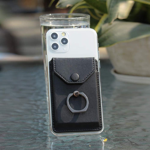 Ring Stand - Slim Leather Wallet Stick on Wallet for Cell Phone, Credit Card RFID Blocking Sleeve Black
