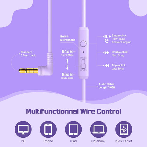 QearFun Kids Headphones with Microphone, Volume Limit, Sharing Jack, Foldable for iPad, Deep Purple Aurora
