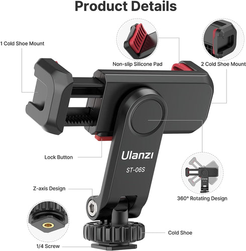 ULANZI ST-06S Phone Tripod Mount, Universal Smartphone Adapter with 2 Cold Shoe, 360° Rotates Adjustable Clip Holder