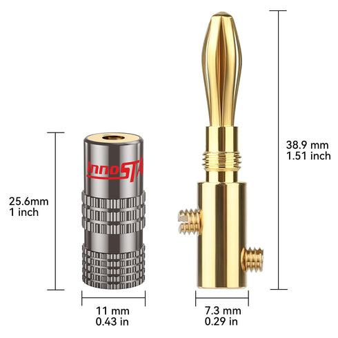 Bullet Pin Banana Plugs for Speaker Wire (12 Pairs, 24 Pcs), 4mm Dual Screw Type, 24K Gold Plated Connectors,
