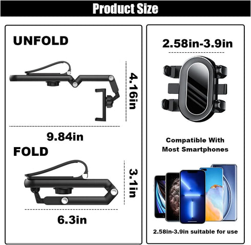 Sun Visor Car Phone Holder, Multifunctional Adjustable Cell Phone Holder, 360° Rotatable and Retractable for Most Cell