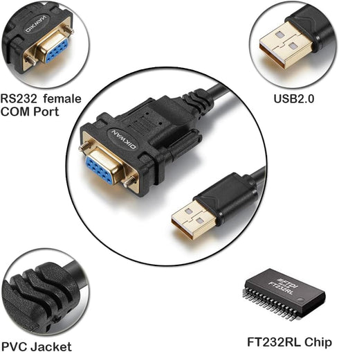 USB to RS232 Serial Adapter with FTDI Chipset, USB 2.0 to Female DB9 Cable for Windows 11,10, 8, 7, Vista, XP, 2000,