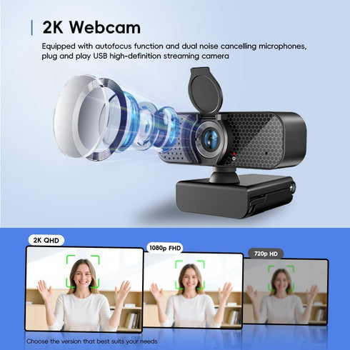 Kemeiv 2K Webcam PC Webcam with Microphone and Physical Privacy Cover, Noise-Canceling Microphone, Auto Light