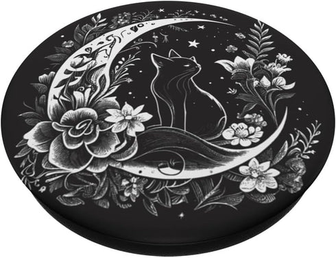 Cat Sitting On Crescent Moon Flowers Stars Drawing Women PopSockets Swappable PopGrip