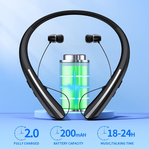 Retractable Bluetooth Headphones, Neckband Earbuds Wireless Headset, Noise Cancelling Stereo Earphones with Microphone
