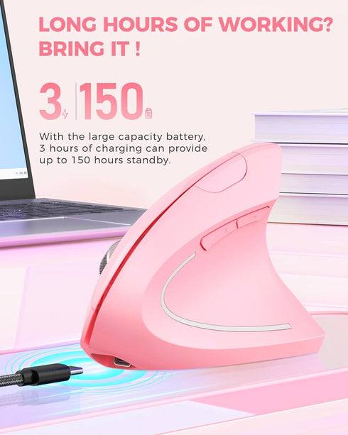 Lekvey Pink Ergonomic Vertical Wireless Mouse, Rechargeable 2.4 GHz USB Optical, 800/1200/1600 DPI, 6 Buttons