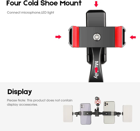 Manbily 360 4 Phone Tripod Mount Adapter, Rotatable Dual Cell Phone Holder Clip, Adjustable Clamp with Cold Shoe