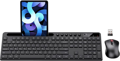 MARVO Wireless Keyboard and Mouse Combo - 2.4G Ergonomic Keyboard with Phone Tablet Holder, Silent Mouse (Black)