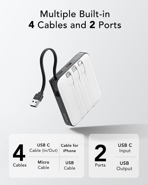 VRURC Portable Charger with Built-in Cables, 10000mAh Battery Pack PD 20W for iPhone, 22.5W USB C Travel Power Bank