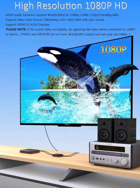 HDMI Audio Extractor, 4K HDMI to HDMI Splitter with 3.5mm AUX Audio, Compatible with TV, PC, PS3/4/5, Projector