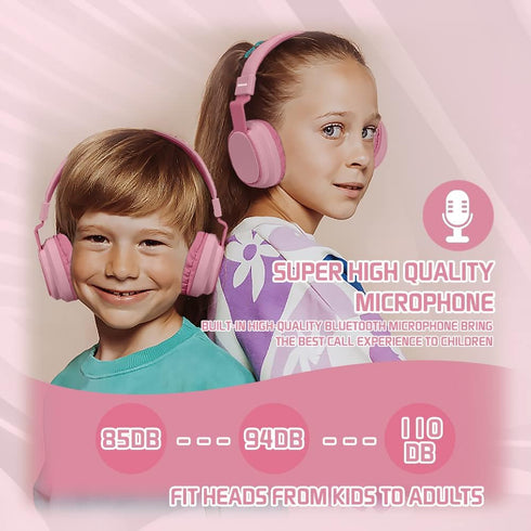 Kids Headphones Bluetooth 5.3 Wireless 60H Play Time Volume Limited 85/110dB Over Ear Foldable Protection Headset/Wired Aux Built-in Mic for Boy Girl Travel School Pad Tablet Pink