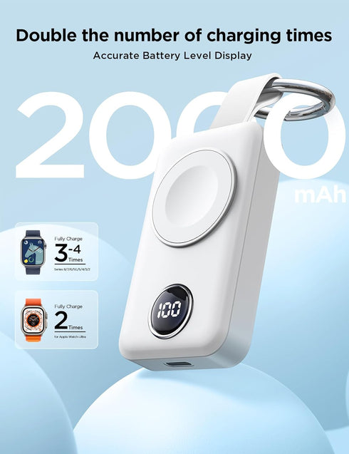 JOYROOM Portable 2000mAh Wireless Charger Compatible for Apple Watch Series 9/8/7/6/5/4/3/2/SE/UItra 2/Ultra, Compact Magnetic iWatch Charger Keychain Style Travel Essentials (White)