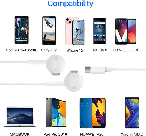 USB C Headphones 2 Pack for iPhone 15 Pro Max, Samsung Galaxy S23, Pixel - Wired Earbuds with Microphone & Noise