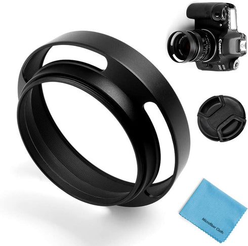 37mm Hollow Lens Hood with Centre Pinch Lens Cap for Leica Canon Nikon Sony Pentax Olympus Fuji + Microfiber Cloth
