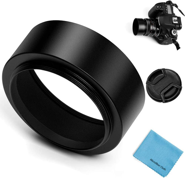 55mm Metal Standard Lens Hood with Centre Pinch Lens Cap and Cleaning Cloth for Canon Nikon Sony Pentax Olympus Fuji