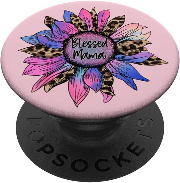 Pink Mom Motif with Cute Leopard Sunflower for Blessed Mama PopSockets Standard PopGrip