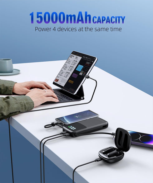 UYAYOHU Portable Charger 15000mAh, Fast Charging Battery Pack with Built-in AC Wall Plug and 2 Output Cables, LED