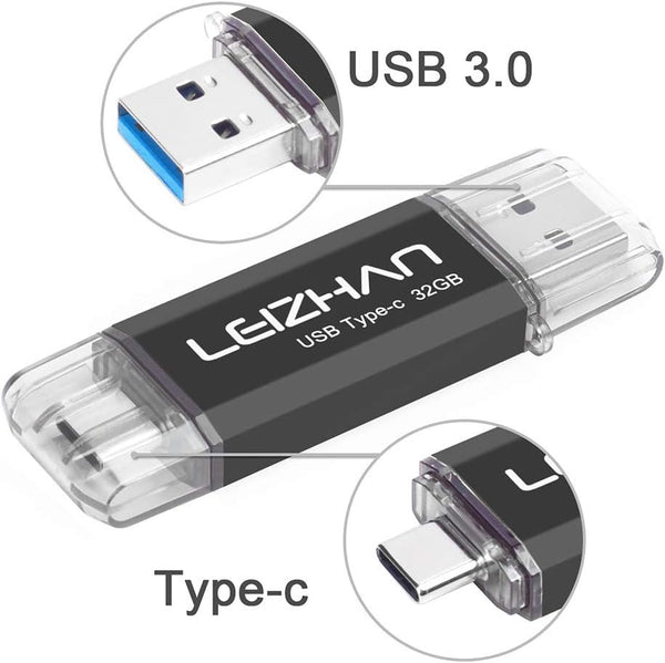 LEIZHAN USB C Flash Drive 32GB - Type C Thumb Drive for Samsung Galaxy S10, S10e, S9, S8, LG G5 G6, Black