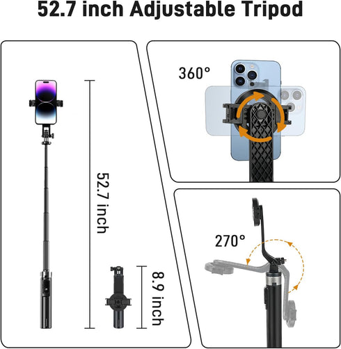 WOVTE 52" 16/15/14/13/12 Magnetic Selfie Stick Tripod, Tripod for iPhone with Rechargeable Remote, Portable Selfie