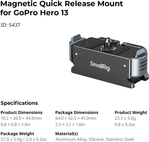 SMALLRIG 13, 1/4"-20 5437 Magnetic Quick Release Mount for GoPro Hero Aluminum Adapter with Screw and Dual-Claws