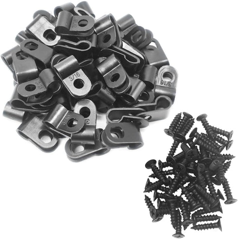 Cable Clamp R-Type Wire Clamp, 3/16" Nylon Screw Mounting Fastener Clips with Screws for Wire Management - Black - 50