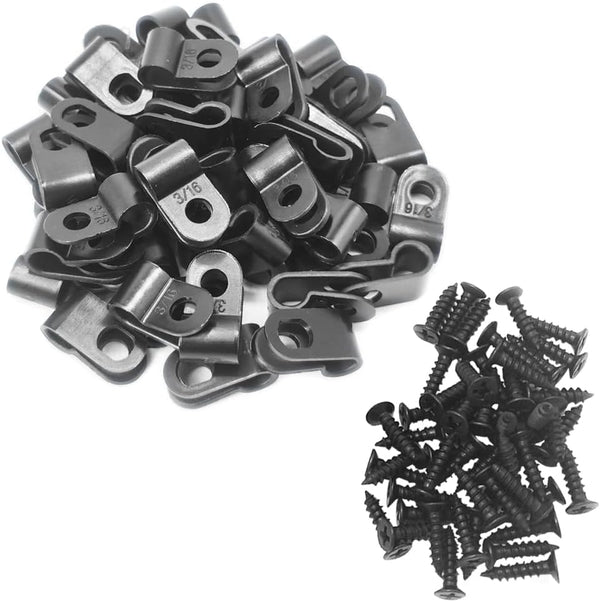 Cable Clamp R-Type Wire Clamp, 3/16" Nylon Screw Mounting Fastener Clips with Screws for Wire Management - Black - 50