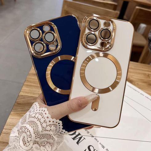 OOK Magnetic Case for iPhone 15 Pro Max - Soft TPU, Shockproof, MagSafe Compatible, Full Camera Lens Protector, Gold