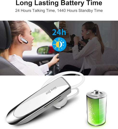New bee V5.0 Bluetooth Earpiece, Wireless Handsfree Headset, 24 Hrs Driving, Noise Cancelling Mic, White