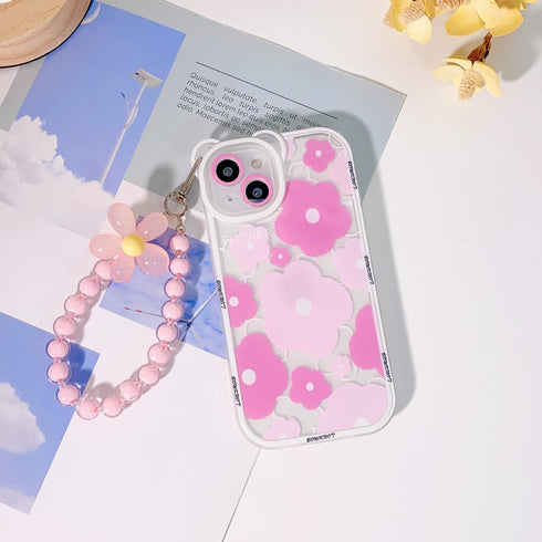 Clear Pink Floral Bear Camera Lens Case for iPhone 12, with Lovely Flower Bracelet Chain