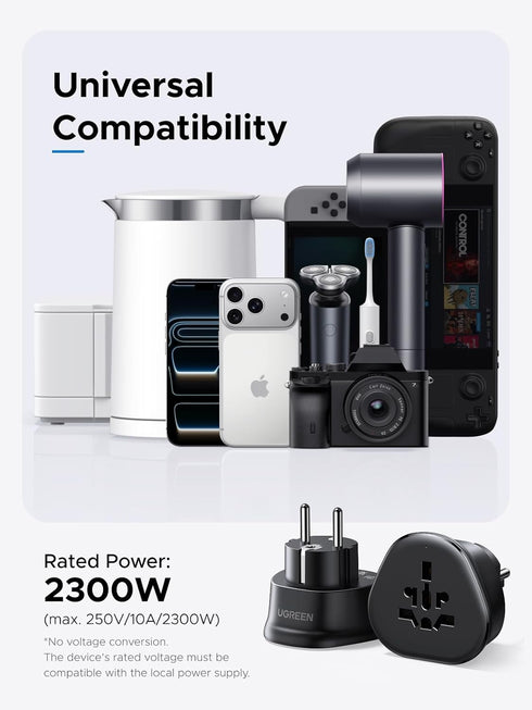 UGREEN 200+ Countries 1 Pack European Plug Travel Adapter, US/UK/CA/MX/AU/JP/CN/NZ/PH to EU (Type F), International