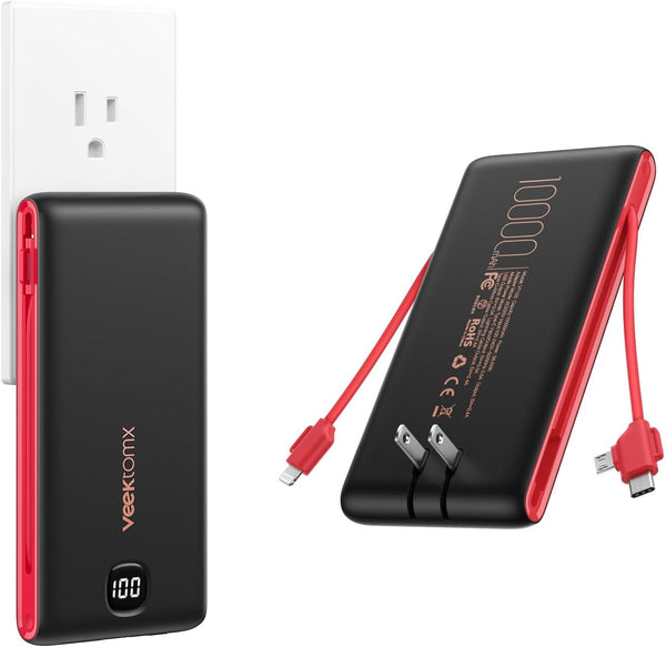VEEKTOMX Portable Charger 10000mAh with Built-in Cables, Fast Charging USB C Slim Battery Pack for iPhone and Samsung