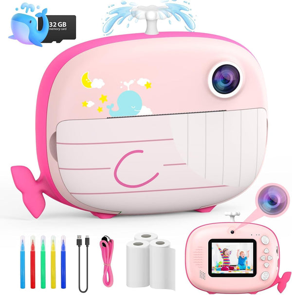 Kids Instant Print Camera, 12MP Ink-Free Printing for Ages 3-10, Selfie Camera for Boys and Girls, Pink