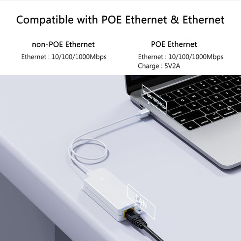 Gigabit PoE to USB C Converter for Smart Phone/Tablet, USB-C to Ethernet Adapter with 10W Charging, Plug & Play