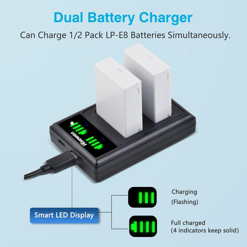 Hisewen LP-E8 2-Pack T2i, T3i, T4i, T5i, 550D, 600D, 650D, 700D, X4, X5, X6 Battery and Dual USB Charger Compatible